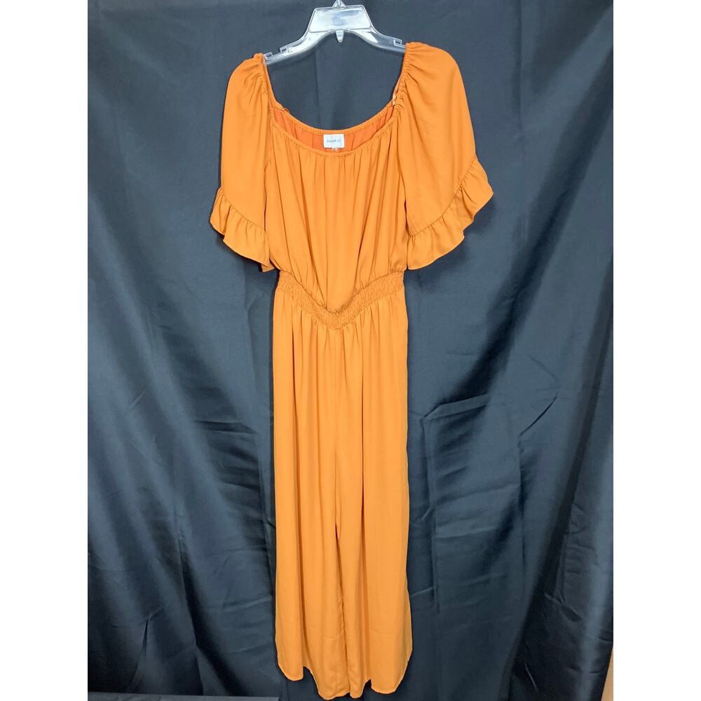 Women's Sugar Lips Ruffled Off Shoulder Burnt Orange Jumpsuit Size L